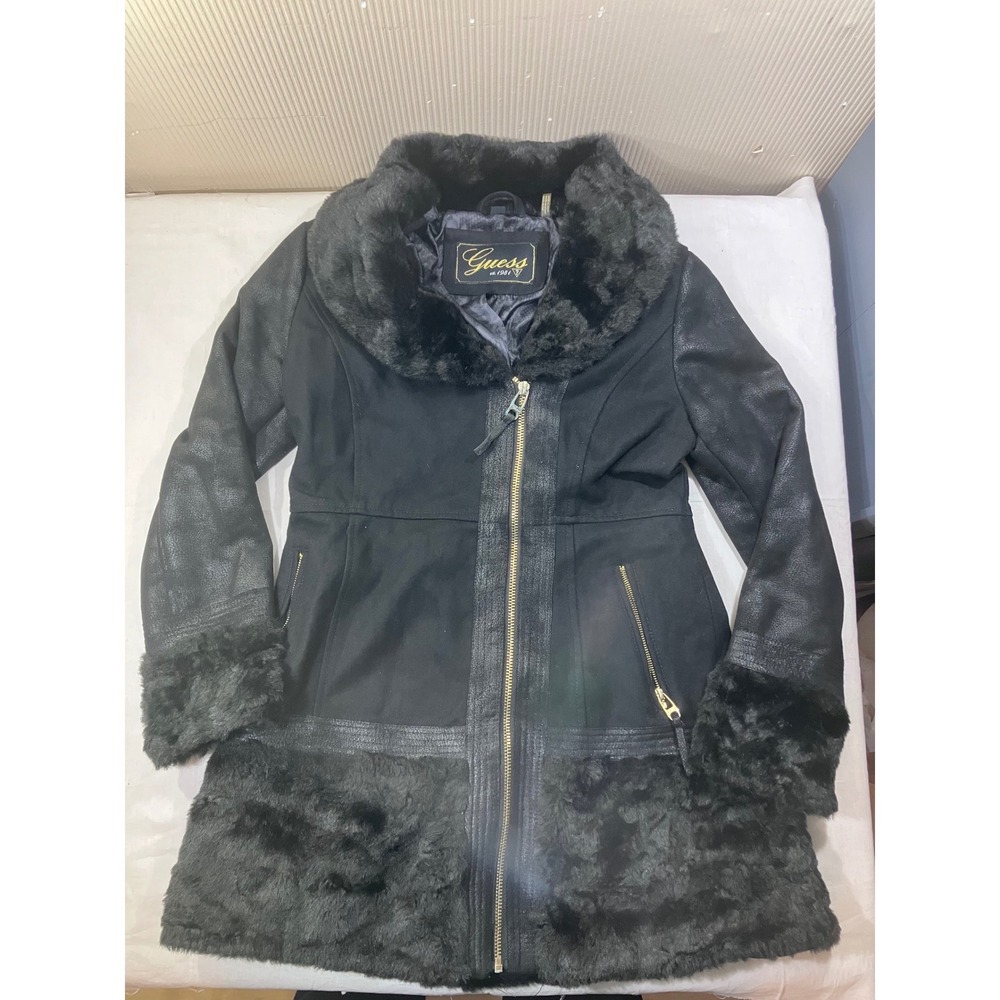 Guess Womens Black Faux Fur Lined Moto Jacket Coat Size M